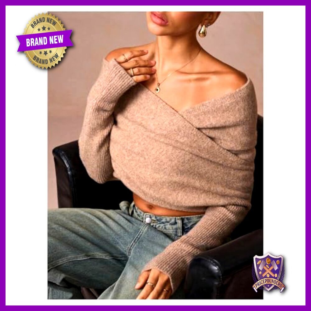 Off Shoulder Pullover Sweater Wrap Long Sleeve Kn… - image 4